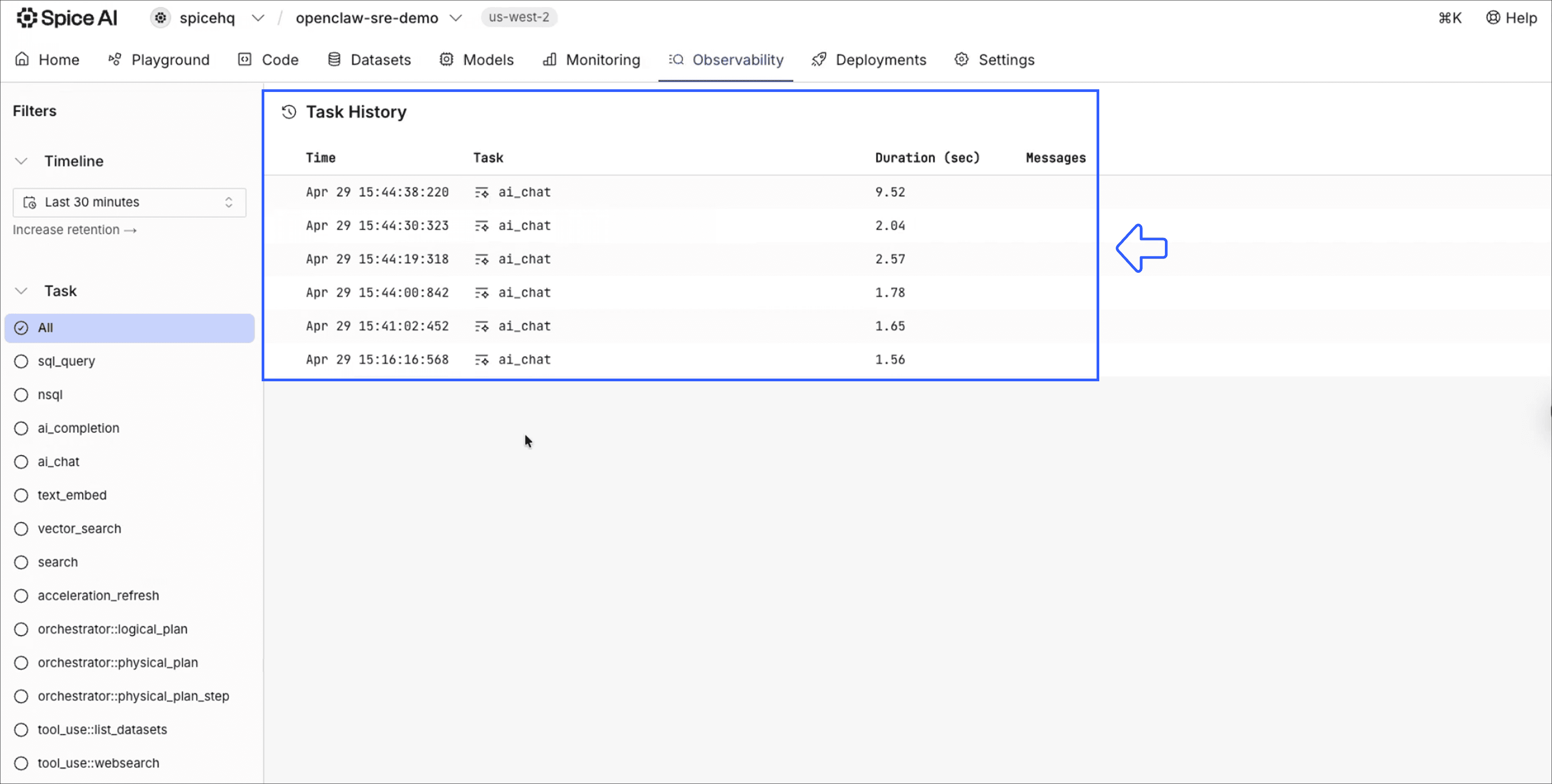 Spice dashboard showing query tracing for Clawbot agent during latency spike incident