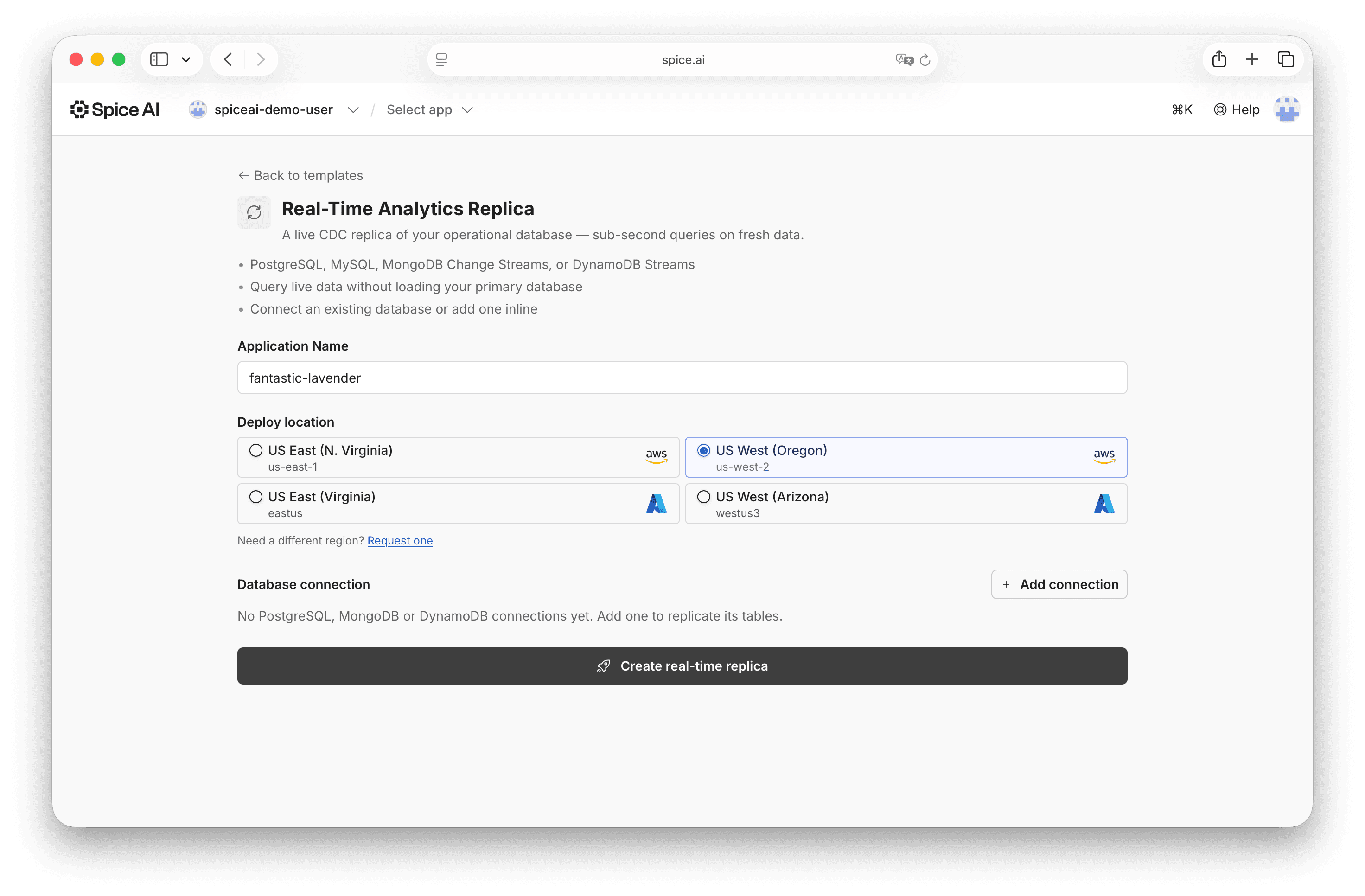 Spice Cloud analytics replica configuration screen