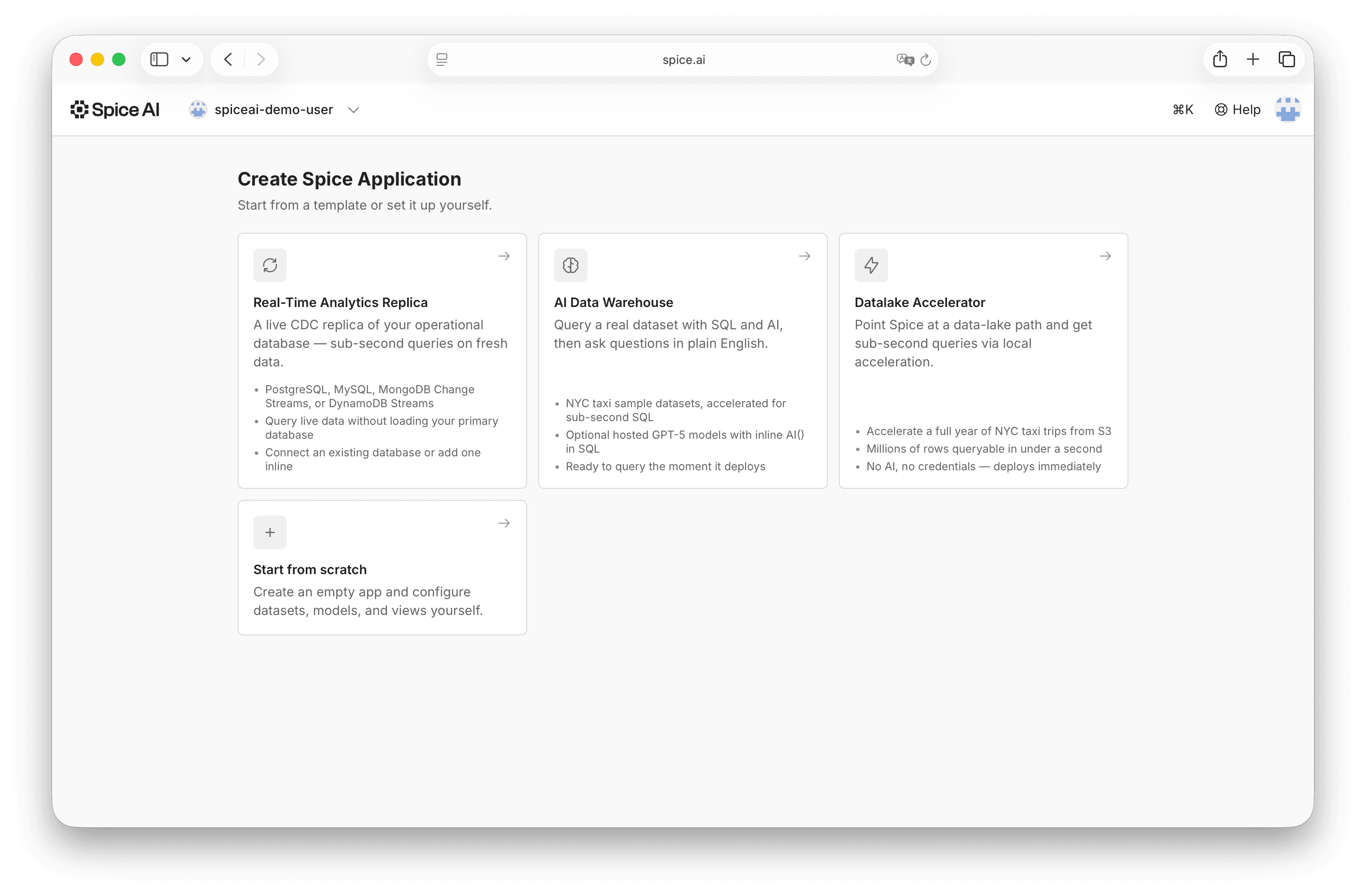 Spice Cloud template selection screen