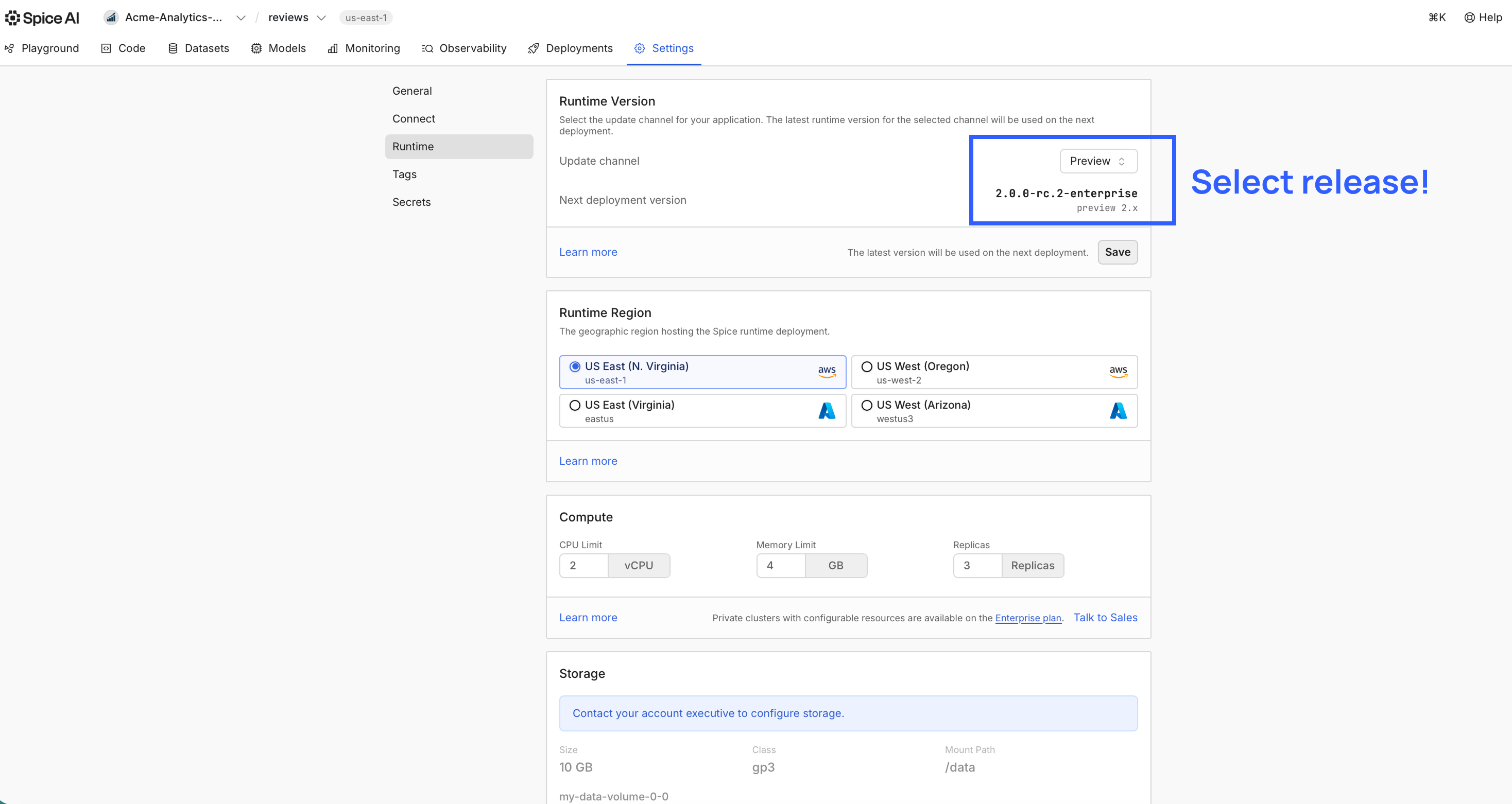 Spice Cloud update channel selector with Preview and Stable options