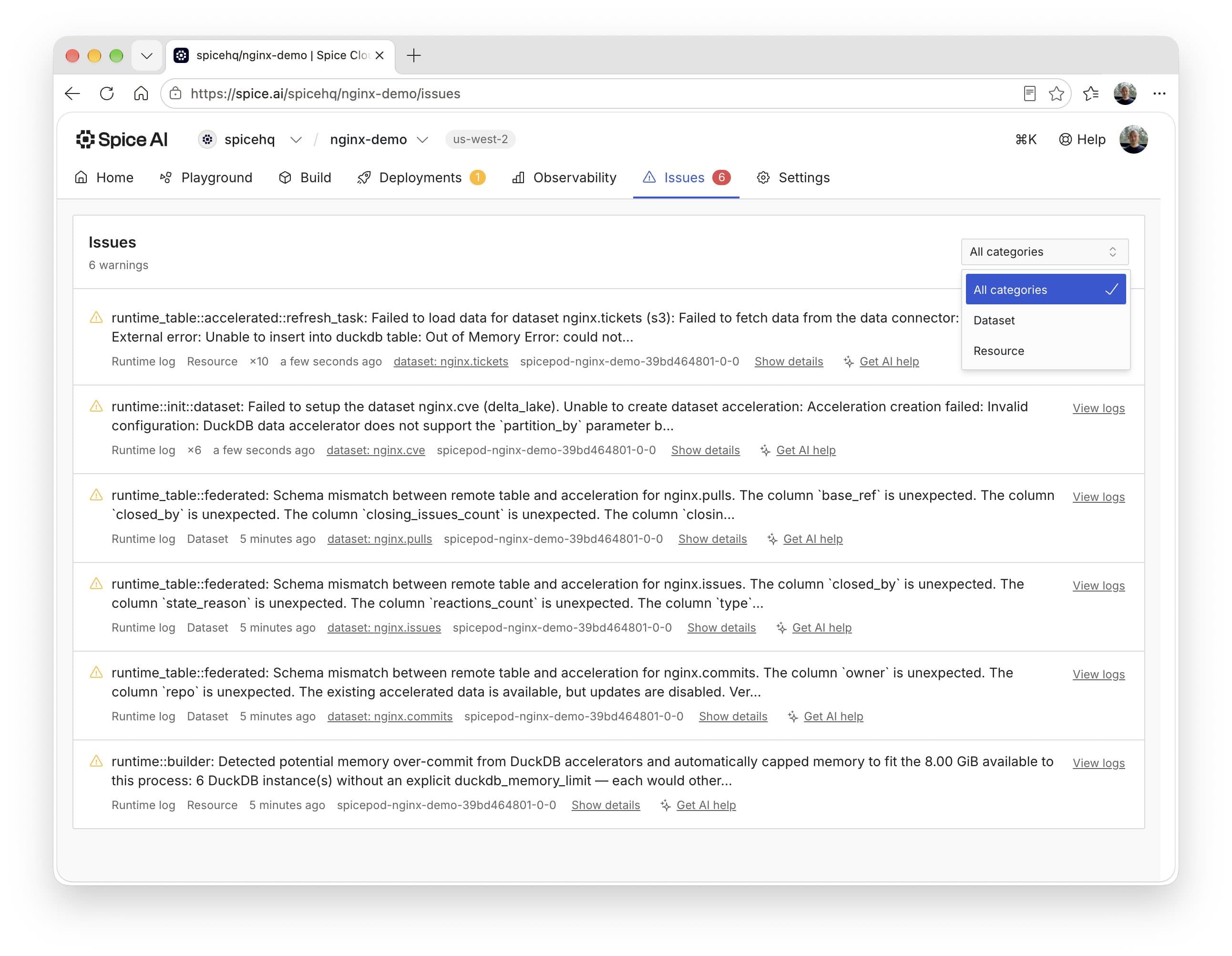 Spice Cloud issues dashboard with the category filter open