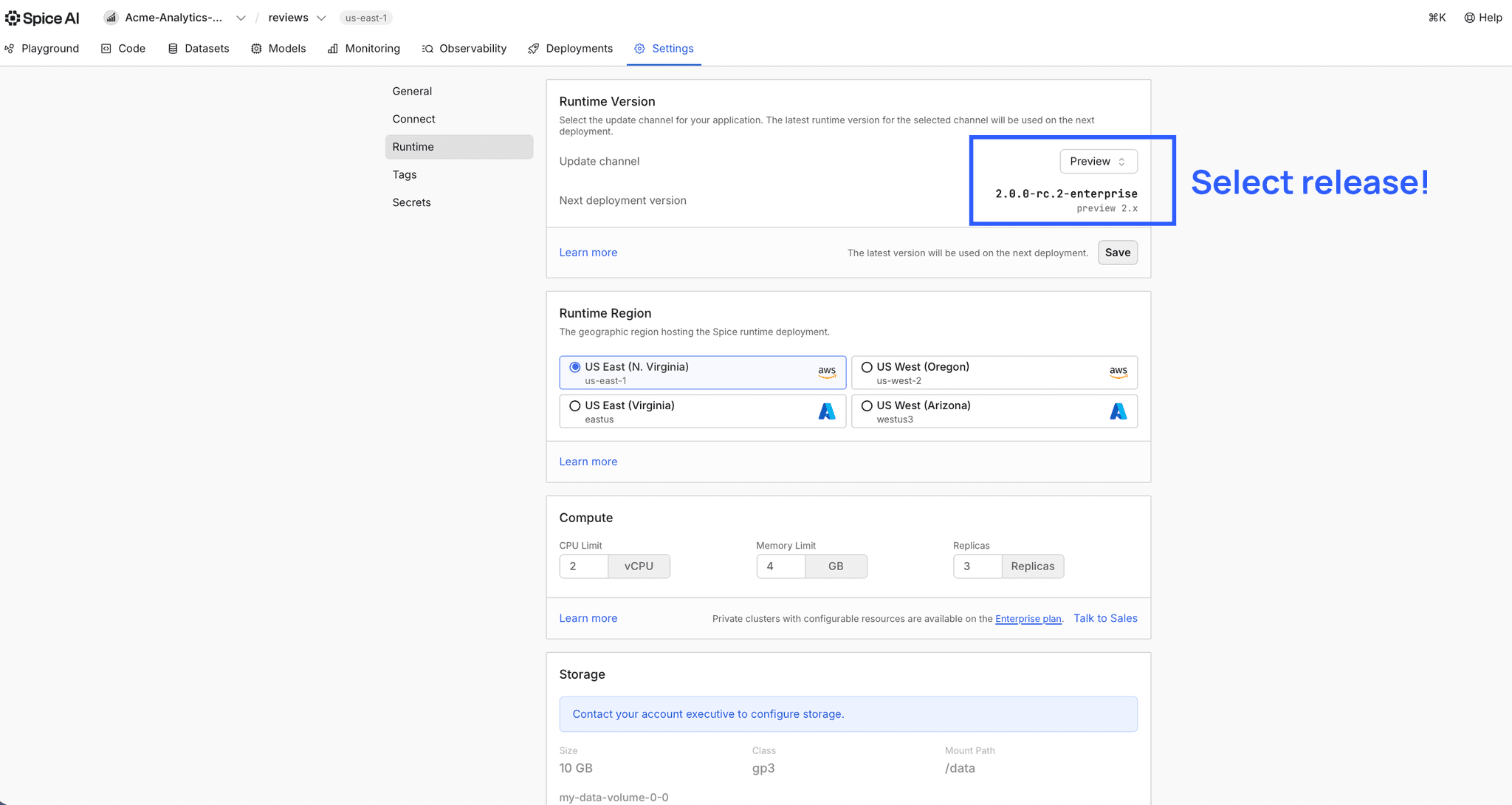 Spice Cloud update channel selector with Preview and Stable options