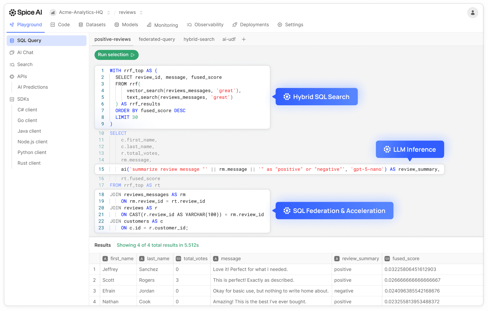 Spice.ai platform architecture diagram showing unified query, search, and AI inference