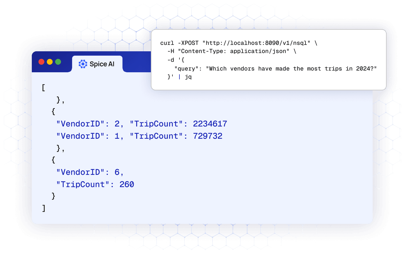 Natural language question sent to the Spice /v1/nsql endpoint returning vendor trip counts as JSON