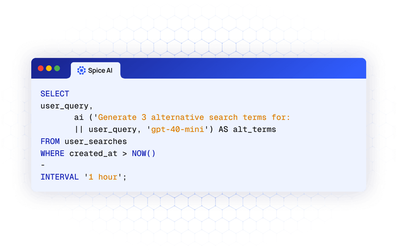 SQL query calling the ai() function with gpt-4o-mini to generate alternative search terms