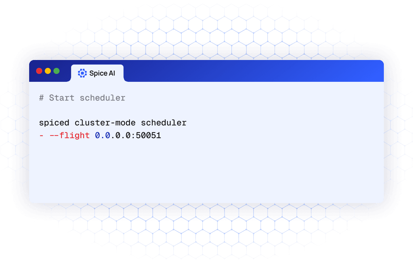 Terminal running the spiced cluster-mode scheduler command to start a Spice cluster scheduler