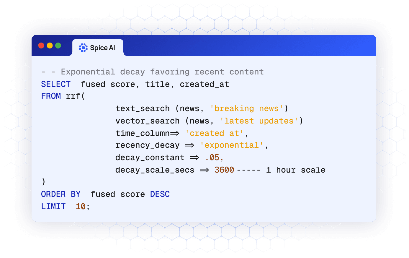 SQL hybrid search query tuning rrf() with exponential recency decay parameters
