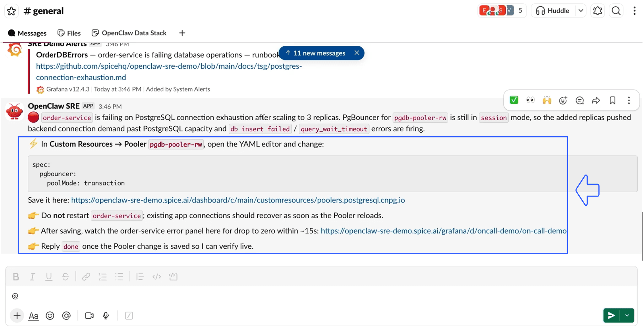 OpenClaw SRE response to error inquiry with diagnosis and guidance