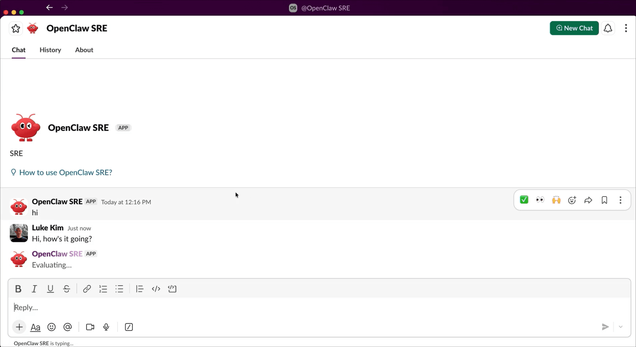 OpenClaw SRE in Slack, connected to Spice