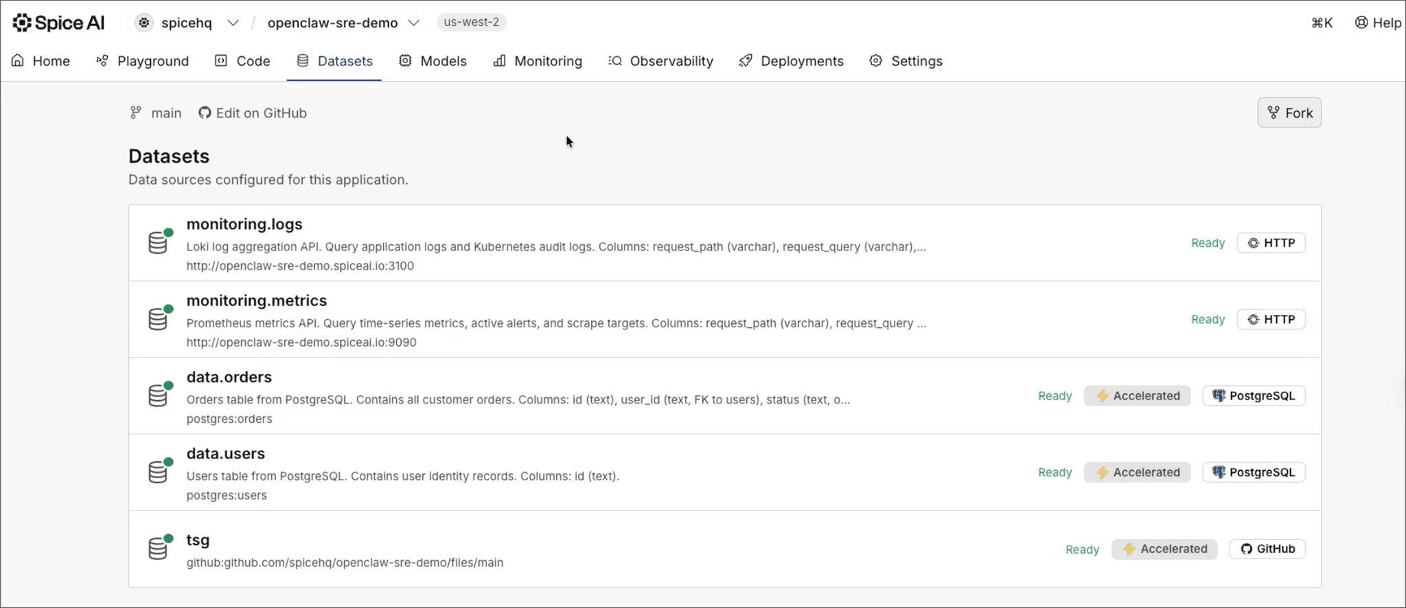 Spice dashboard showing connected datasets