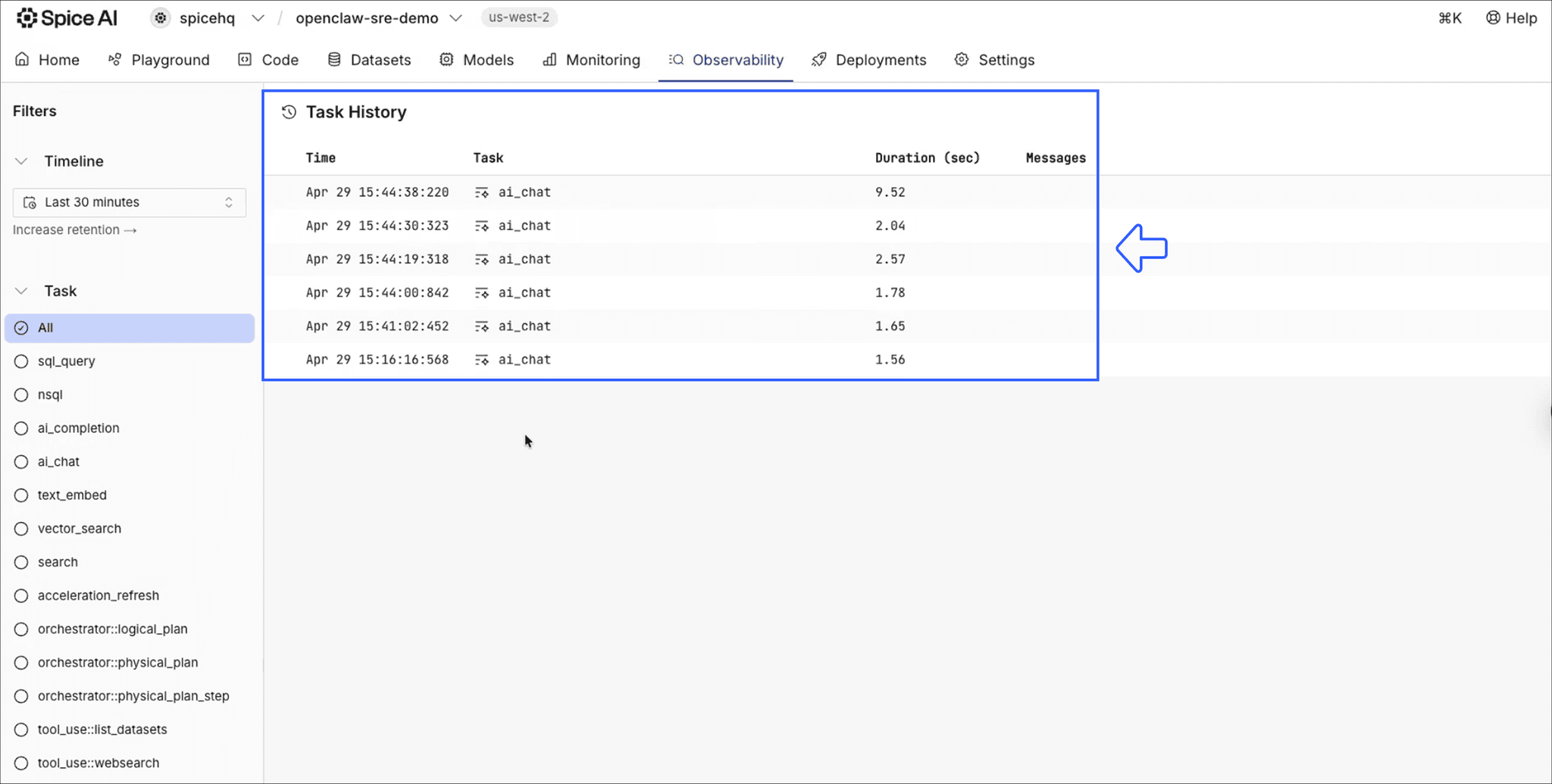 Spice dashboard showing query tracing for Clawbot agent during latency spike incident