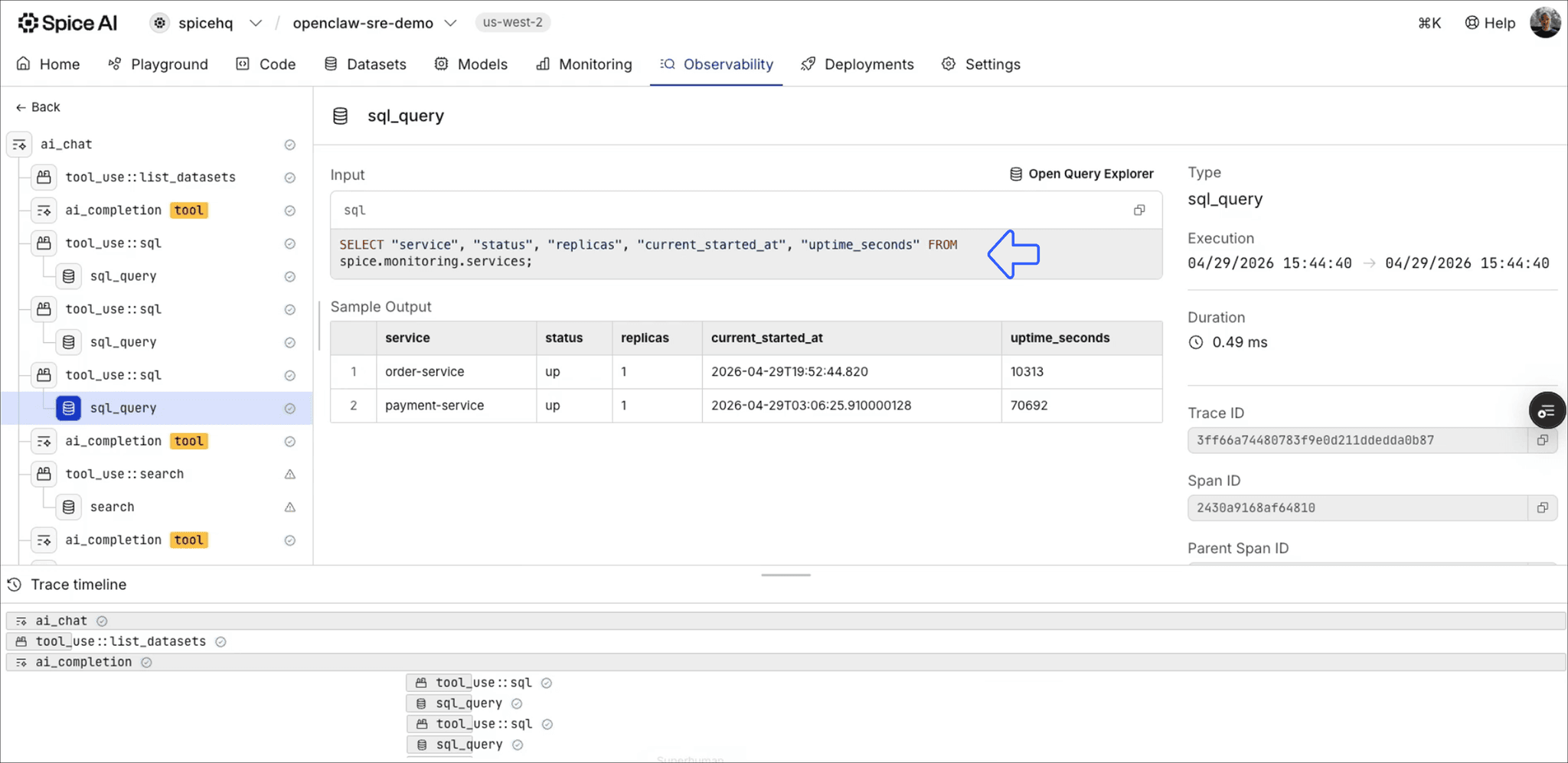 Spice SQL observability dashboard showing query details and agent activity