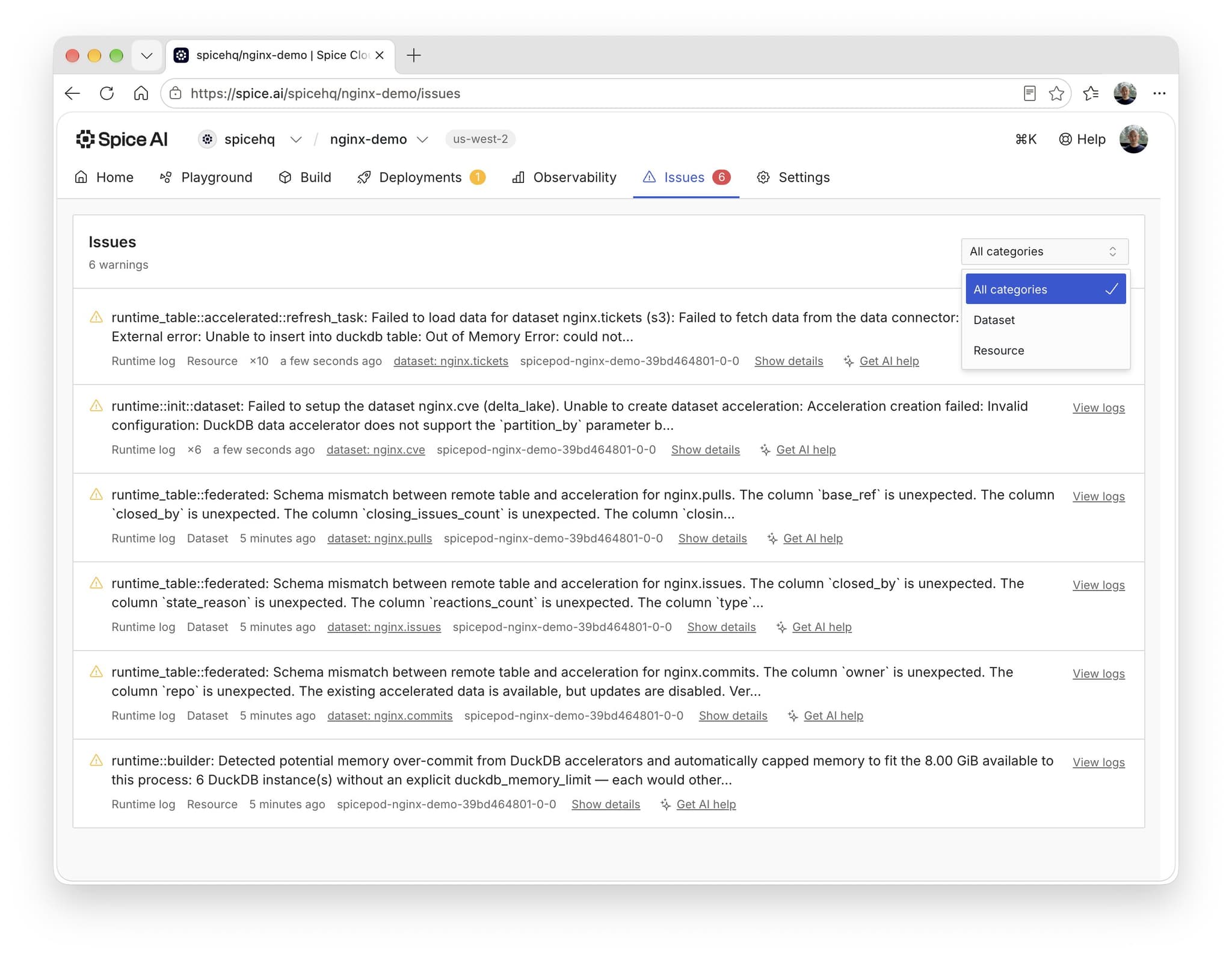 Spice Cloud issues dashboard with the category filter open