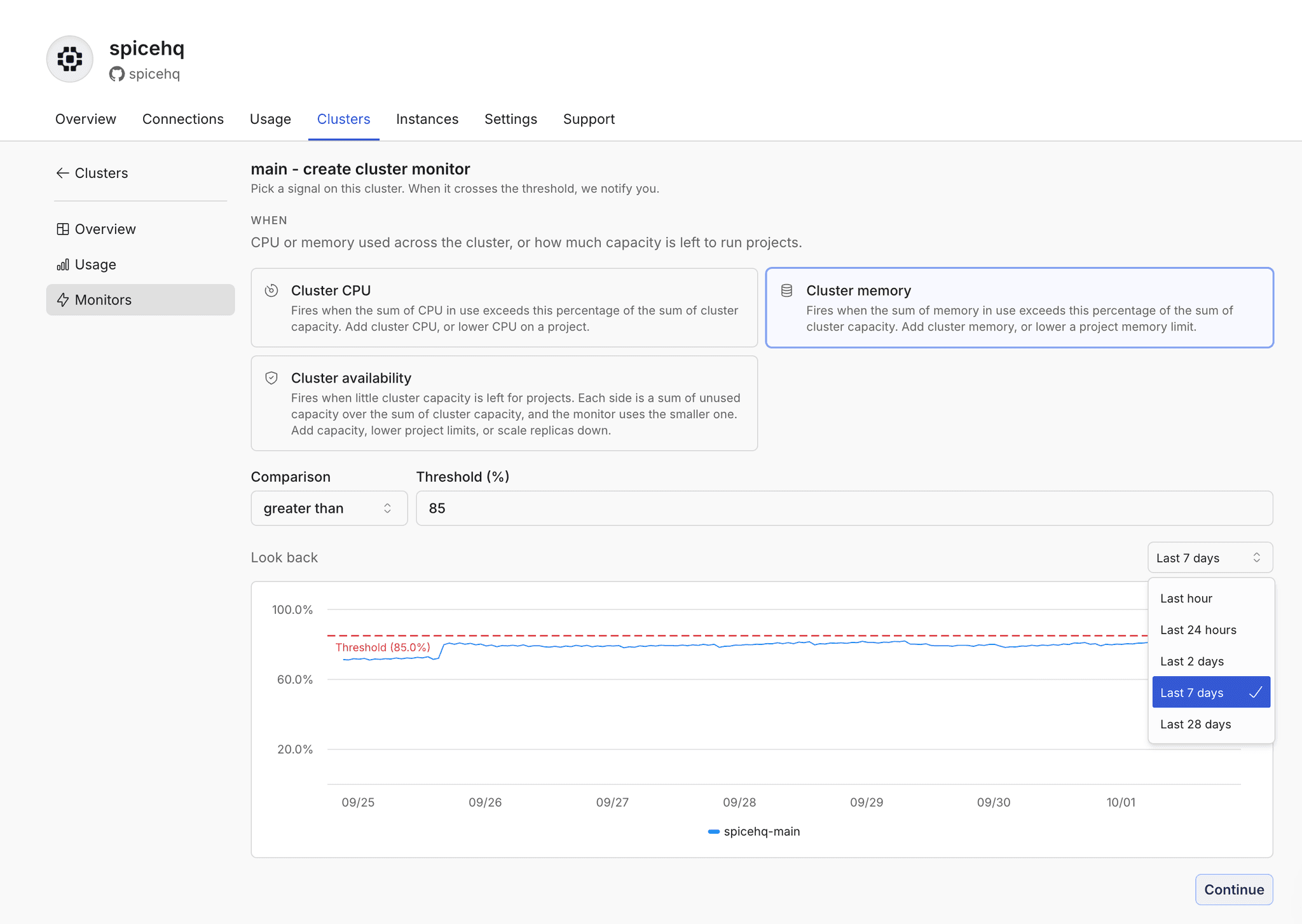 Cluster monitor signal options and capacity threshold chart