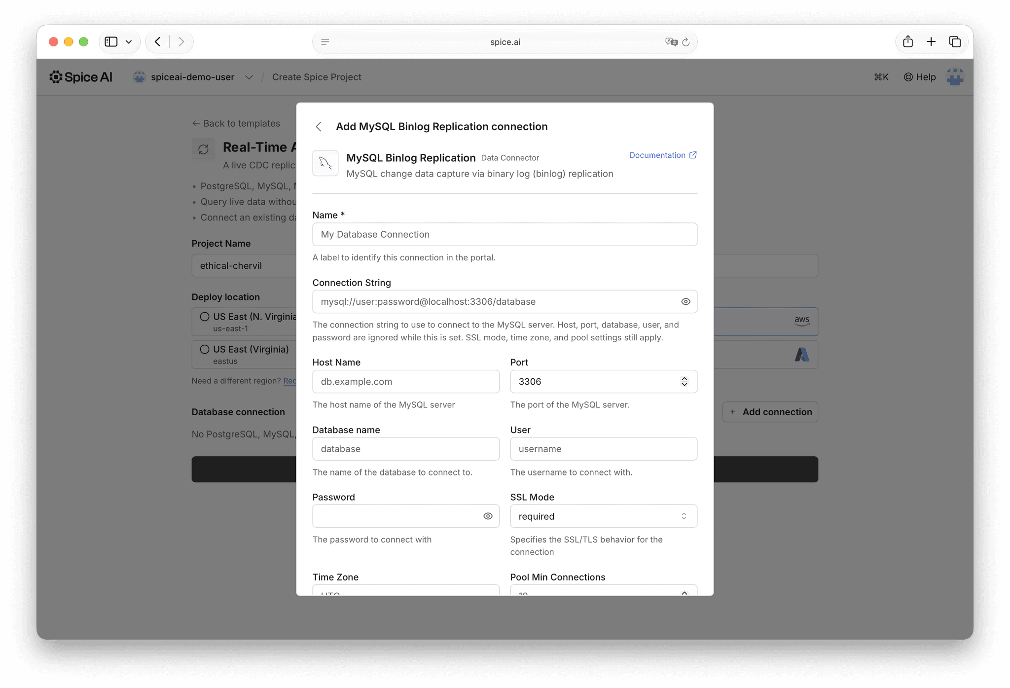 MySQL Binlog Replication connection form in the Real-Time Analytics Replica setup
