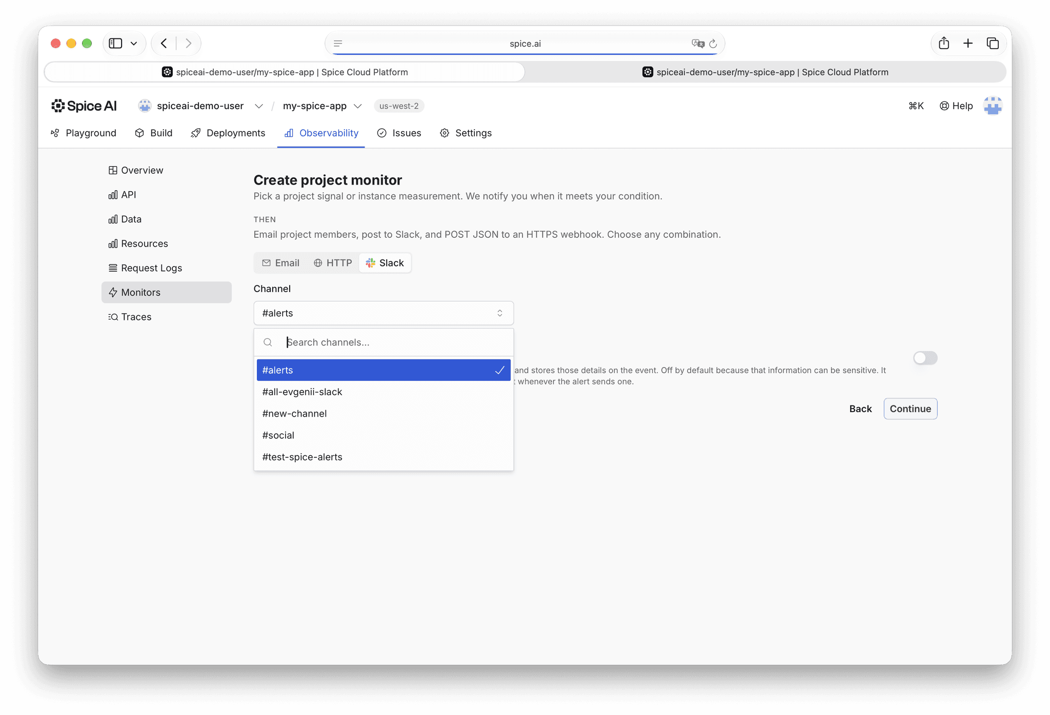 Spice Cloud monitor setup with Slack notifications selected